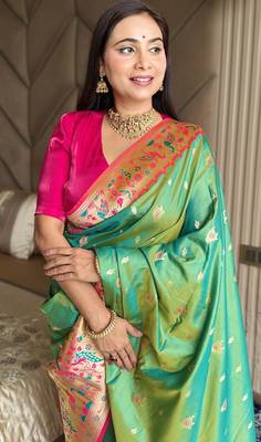 Parrot green silk blend paithani saree with unstitched blouse piece 3