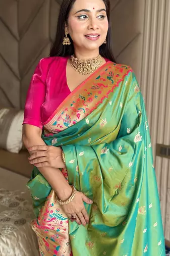 Parrot green silk blend paithani saree with unstitched blouse piece