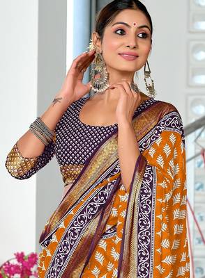 Orange floral print pure cotton mulmul saree with blouse. 2