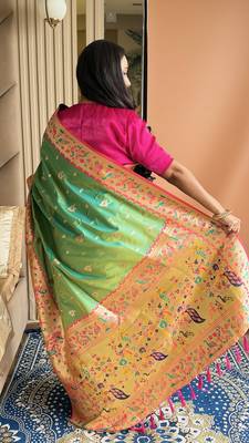 Parrot green silk blend paithani saree with unstitched blouse piece 4