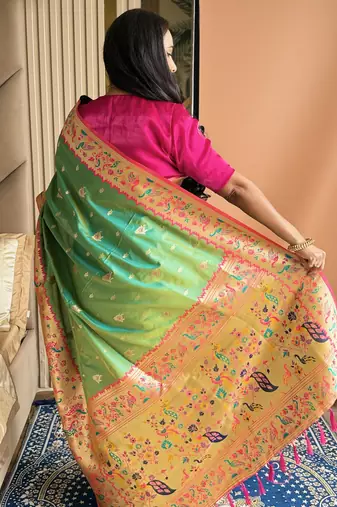 Parrot green silk blend paithani saree with unstitched blouse piece
