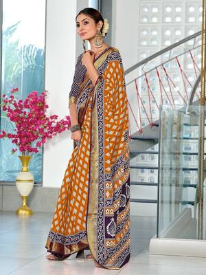 Orange floral print pure cotton mulmul saree with blouse. 3