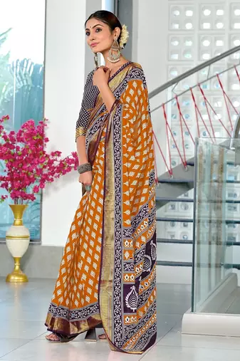 Orange floral print pure cotton mulmul saree with blouse.