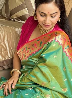 Parrot green silk blend paithani saree with unstitched blouse piece 5