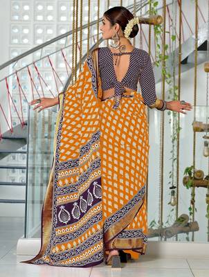 Orange floral print pure cotton mulmul saree with blouse. 4