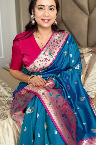 Teal silk paithani saree with unstitched blouse piece