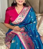 Teal silk paithani saree with unstitched blouse piece