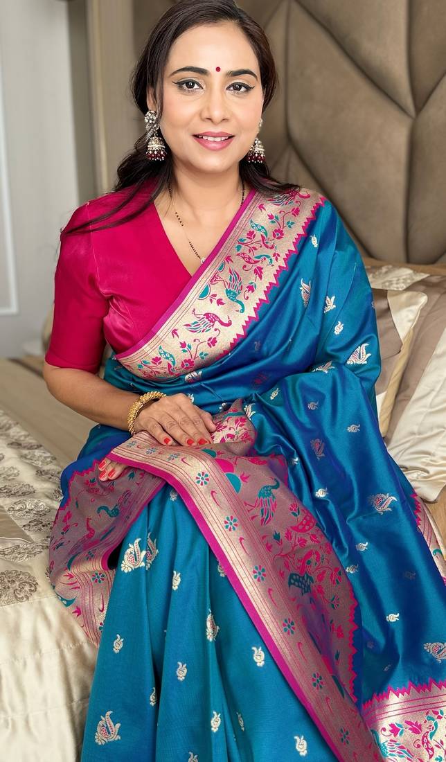 Teal silk paithani saree with unstitched blouse piece