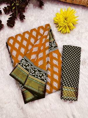 Orange floral print pure cotton mulmul saree with blouse. 5