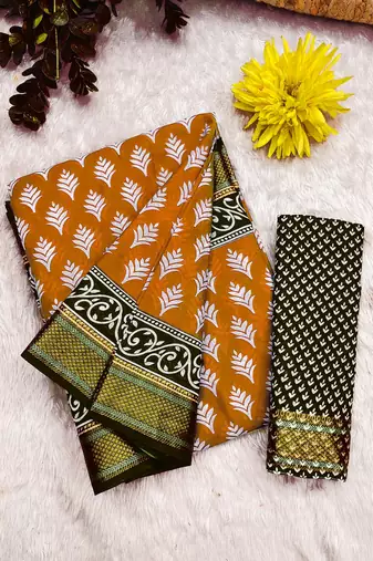 Orange floral print pure cotton mulmul saree with blouse.