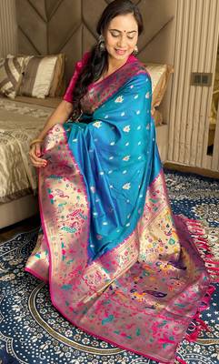 Teal silk blend paithani saree with unstitched blouse piece 2