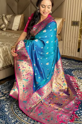 Teal silk blend paithani saree with unstitched blouse piece