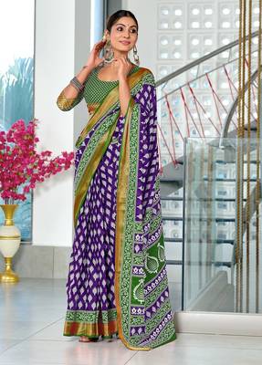 Purple floral print pure cotton mulmul saree with blouse. 1