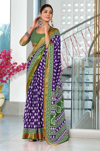 Purple floral print pure cotton mulmul saree with blouse.