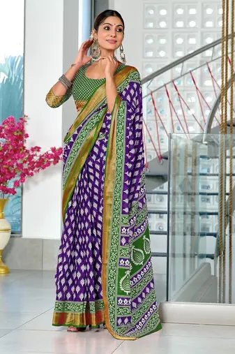 Purple floral print pure cotton mulmul saree with blouse.