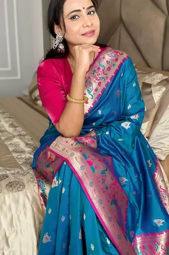 Teal silk blend paithani saree with unstitched blouse piece