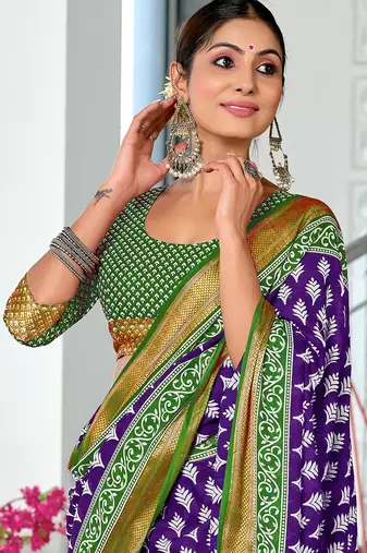 Purple floral print pure cotton mulmul saree with blouse.
