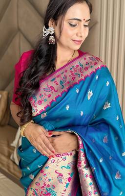 Teal silk blend paithani saree with unstitched blouse piece 4