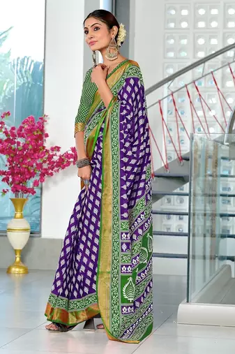 Purple floral print pure cotton mulmul saree with blouse.