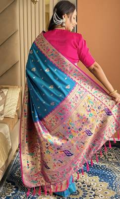 Teal silk blend paithani saree with unstitched blouse piece 5