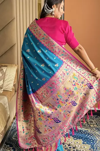Teal silk blend paithani saree with unstitched blouse piece