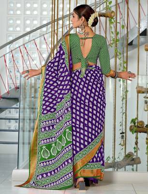 Purple floral print pure cotton mulmul saree with blouse. 4