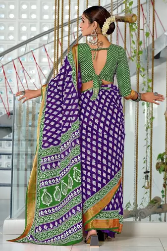 Purple floral print pure cotton mulmul saree with blouse.