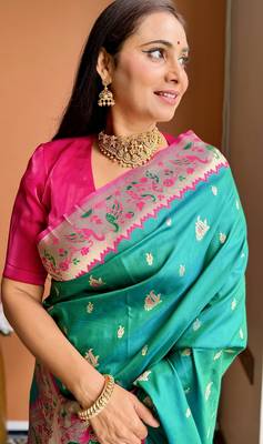 Turquoise silk blend paithani saree with unstitched blouse piece 1