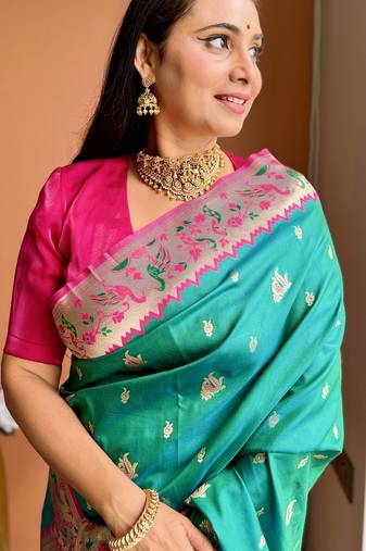 Turquoise silk paithani saree with unstitched blouse piece