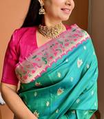 Turquoise silk blend paithani saree with unstitched blouse piece