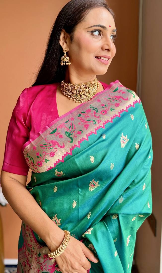 Turquoise silk paithani saree with unstitched blouse piece