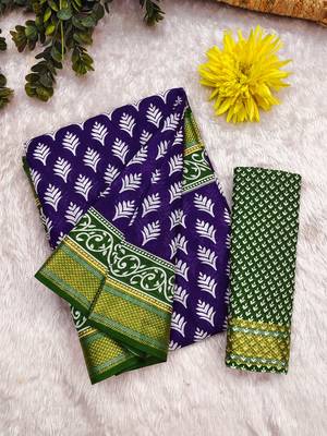 Purple floral print pure cotton mulmul saree with blouse. 5