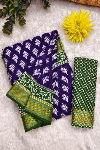 Purple floral print pure cotton mulmul saree with blouse.