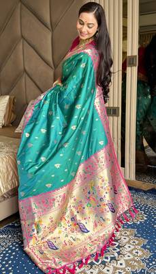Turquoise silk blend paithani saree with unstitched blouse piece 2