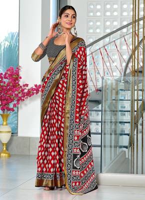 Red floral print pure cotton mulmul saree with blouse. 1
