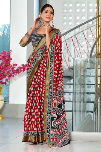 Red floral print pure cotton mulmul saree with blouse.