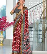 Red floral print pure cotton mulmul saree with blouse.