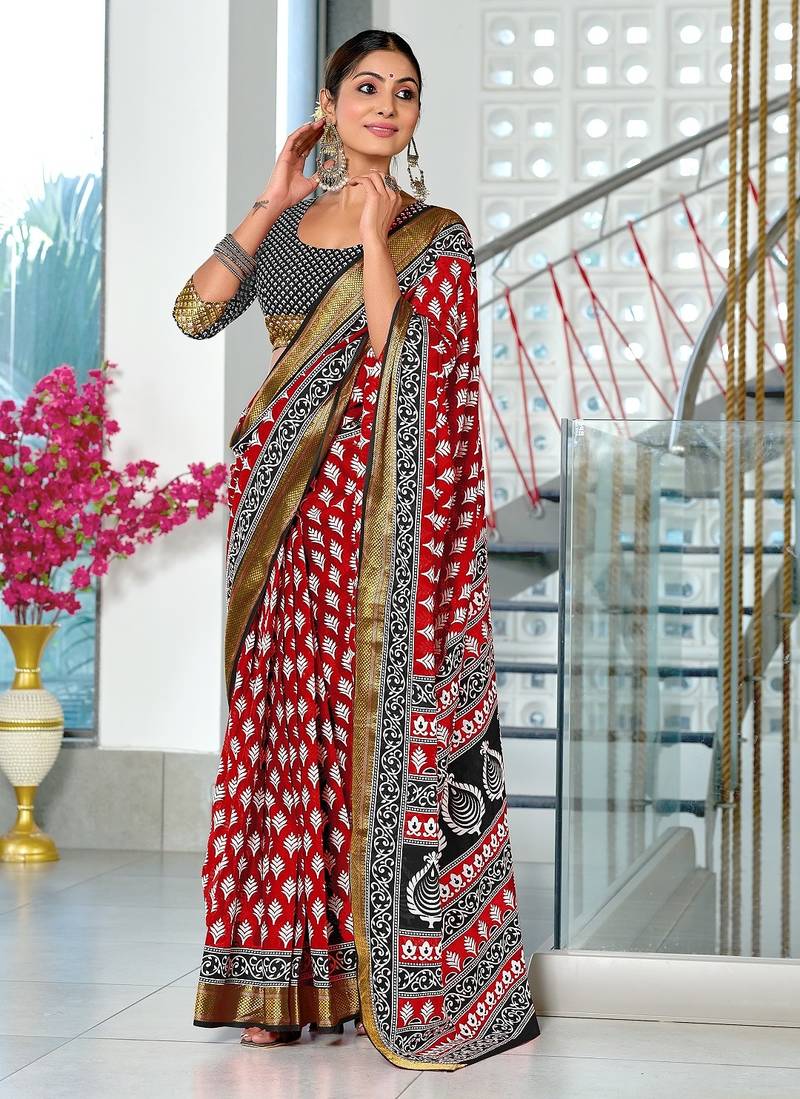 Red floral print pure cotton mulmul saree with blouse.