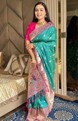 Turquoise silk blend paithani saree with unstitched blouse piece 3
