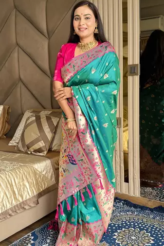 Turquoise silk blend paithani saree with unstitched blouse piece