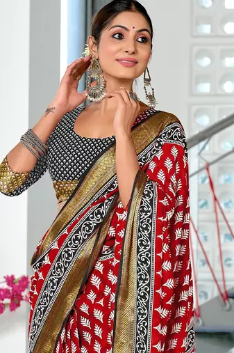Red floral print pure cotton mulmul saree with blouse.
