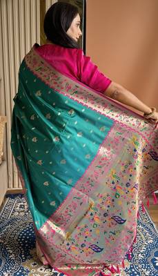 Turquoise silk blend paithani saree with unstitched blouse piece 5