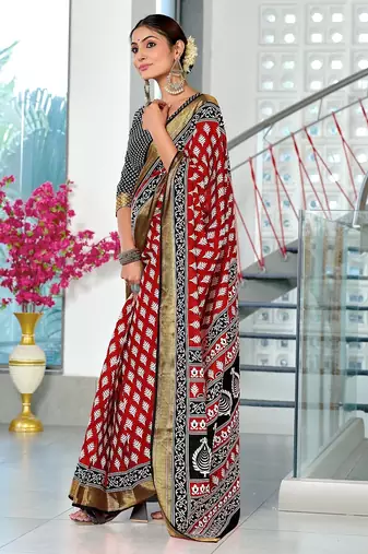 Red floral print pure cotton mulmul saree with blouse.