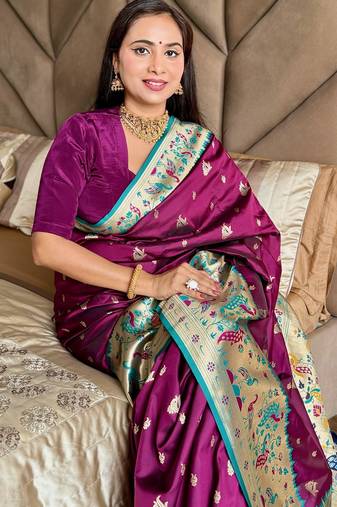 Wine silk blend paithani saree with unstitched blouse piece
