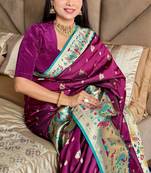 Wine silk paithani saree with unstitched blouse piece
