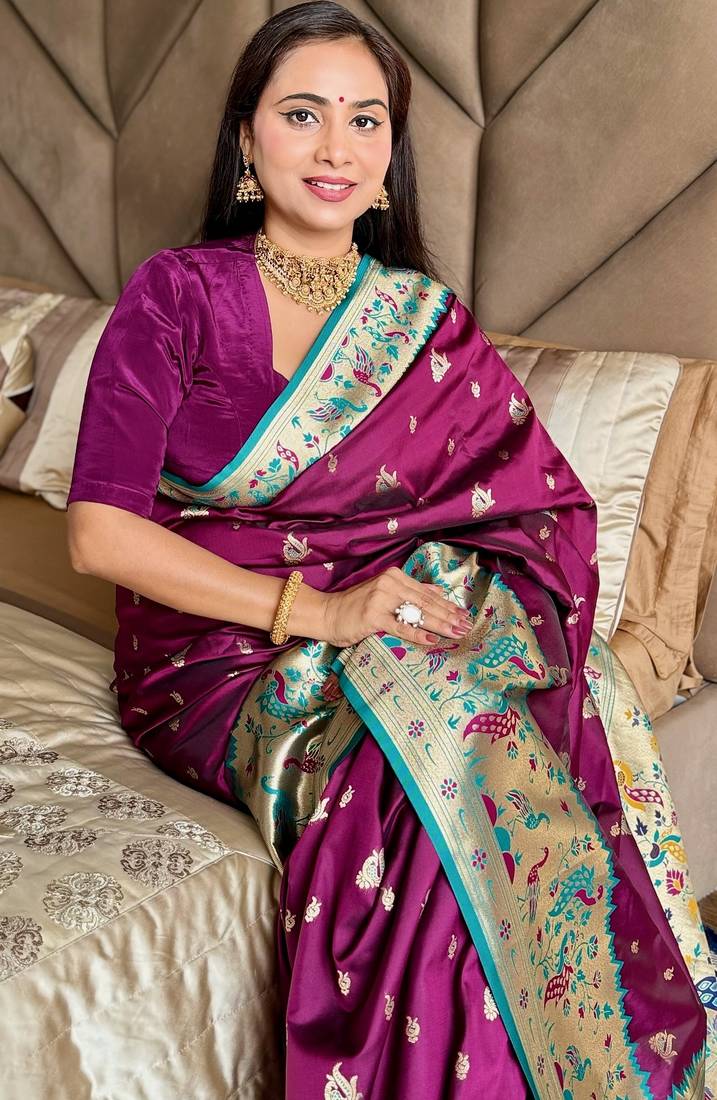 Wine silk paithani saree with unstitched blouse piece