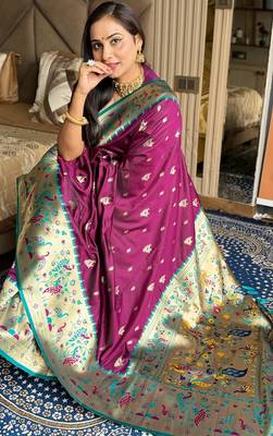 Wine silk blend paithani saree with unstitched blouse piece 2