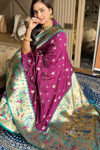 Wine silk blend paithani saree with unstitched blouse piece