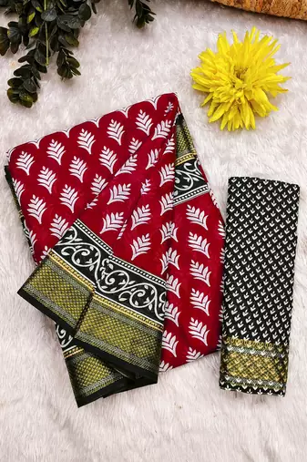 Red floral print pure cotton mulmul saree with blouse.