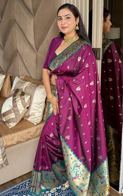 Wine silk blend paithani saree with unstitched blouse piece 3